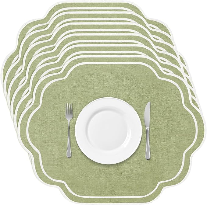 Breling 6 Pcs Wedding Placemats Scalloped Embroidered Cotton Linen Placemats 17" x 13" Double Layered Machine Washable Table Place Mat for Party Table Decor (Sage Green)