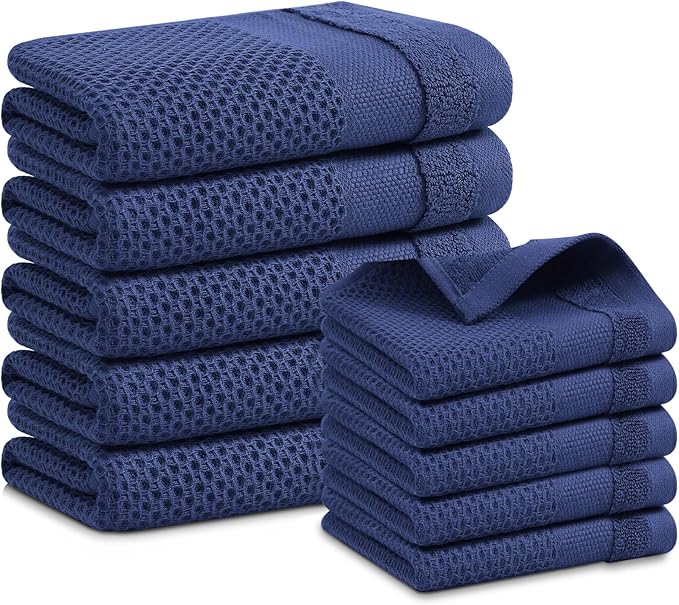 Homaxy Kitchen Towels and Dishcloths Set, 12 x 12 and 13 x 28 Inches, Set of 10 100% Cotton Waffle Weave Kitchen Towels, Super Soft and Absorbent Dish Cloths, Navy Blue