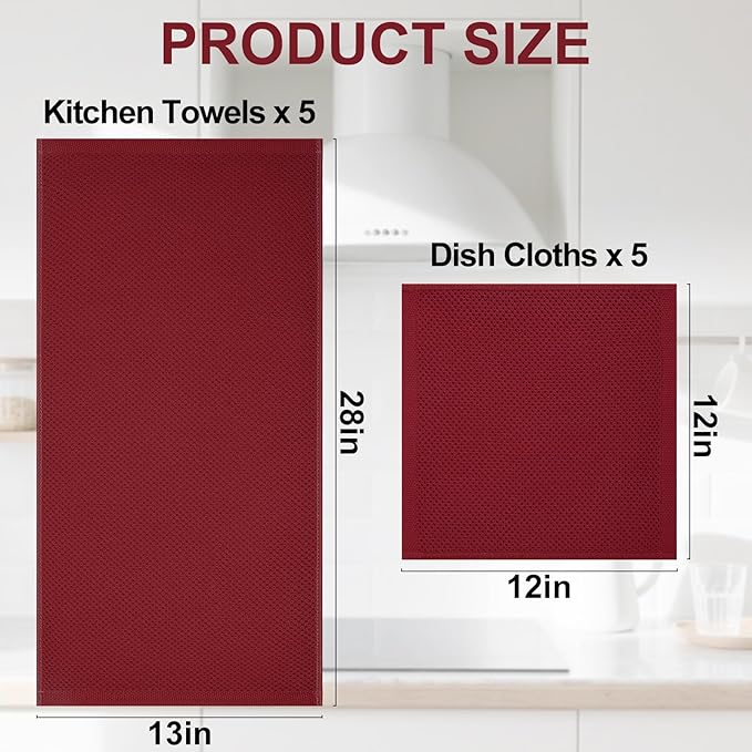 Homaxy 100% Cotton Kitchen Towels and Dishcloths Set, 12 x 12 Inches and 13 x 28 Inches, Set of 10 Bulk Kitchen Towels Set, Ultra Soft Absorbent Dish Cloths for Washing Dishes, Burgundy