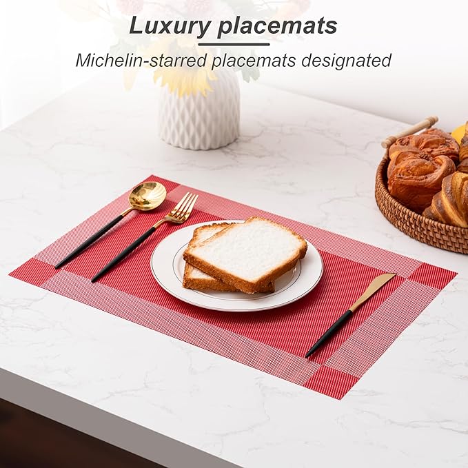 CADONO Placemats Set of 4 Washable Indoor/Outdoor Vinyl Place Mats for Dining Table Durable Non-Slip Heat Resistant PVC Weave Table Mats（Four-Corner-Red）