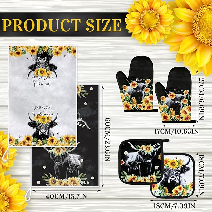 Leinuosen 6 Sunflower Cow Kitchen Towels Kitchen Decor and Accessories Set Floral Plant Oven Mitts and Pot Holders Sets Farmhouse Absorbent Dish Towels for Cooking Baking Grilling