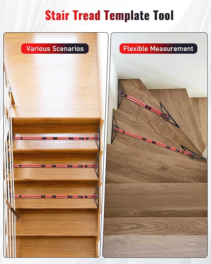 TANYO Stair Tread Template Tool, 8" to 60" Aluminum Stair Tread Jig for Accurately Measuring Angle, Length & Depth. Precision Stair Gauge Measuring Tool for Stairs, Floor, Cabinets