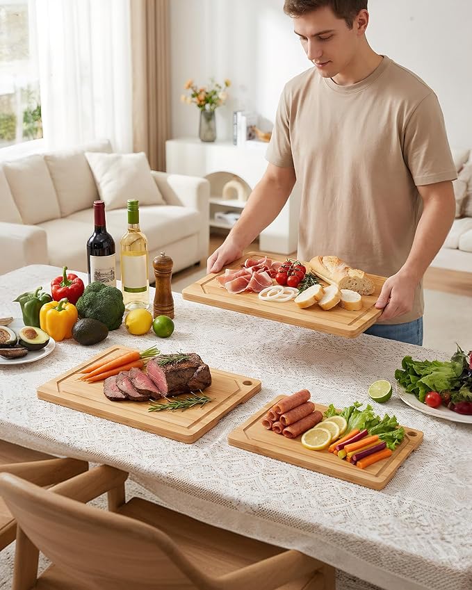 Kitchen Cutting Board Set - 3-Piece Wooden Cutting Boards for Kitchen with Juice Groove, Handles, Hang Holes, Stylish Kitchen Essentials for Chpping & Serving, Natural, 0.4"Th - (XL+M+S)