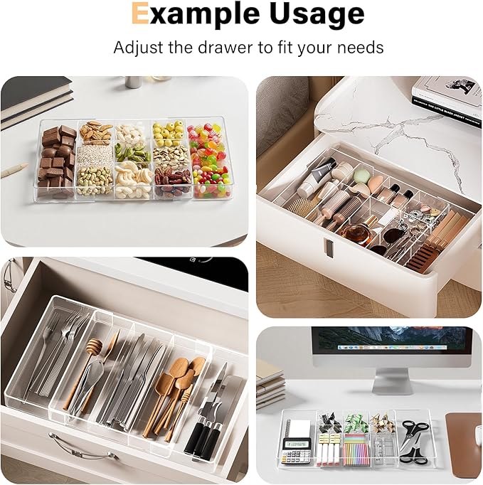 Acrylic Expandable Desk Drawer Organizer with 11 Adjustable Compartments and 6 Removable Dividers Desk Accessories for Office Kitchen Bathroom Makeup and Utensil Junk Storage (Clear, 3Pcs)