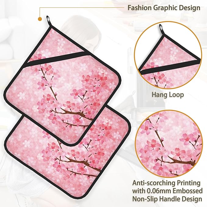 Pink Blooming Cherry Blossoms Pot Holder Set of 2,Heat Resistant Potholders Oven Hot Pads for Kitchen Cooking Baking BBQ