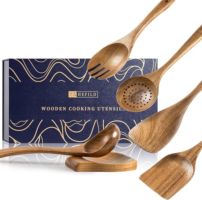 Wooden Spoons for Cooking, Nonstick Cooking Utensil Set with 5 Piece Acacia Wooden Spatulas and Spoons, as well as a Extra Whole Wood Spoon Rest, Terrific for Everyday Kitchen Tasks