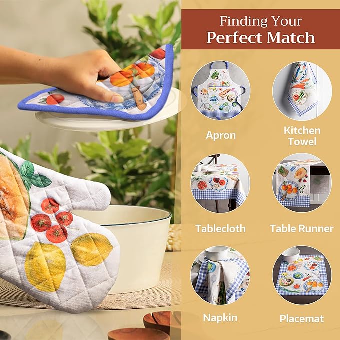 Maison d' Hermine 100% Cotton Oven Mitt & Pot Holder Set (7.5"x13" & 8"x8") Heat Resistant BBQ Cooking Gloves with Loop Baking Grilling Kitchen Gifts for Mothers Day Spring/Summer (Gourmand)