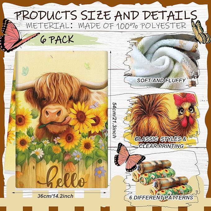 Breling Set of 6 Farmhouse Animal Kitchen Towels Funny Dish Towel Bathroom Decorative Sweet Cheeks Cloths for Kitchen Bathroom Home Cooking Housewarming Gifts, 14 x 21 Inch
