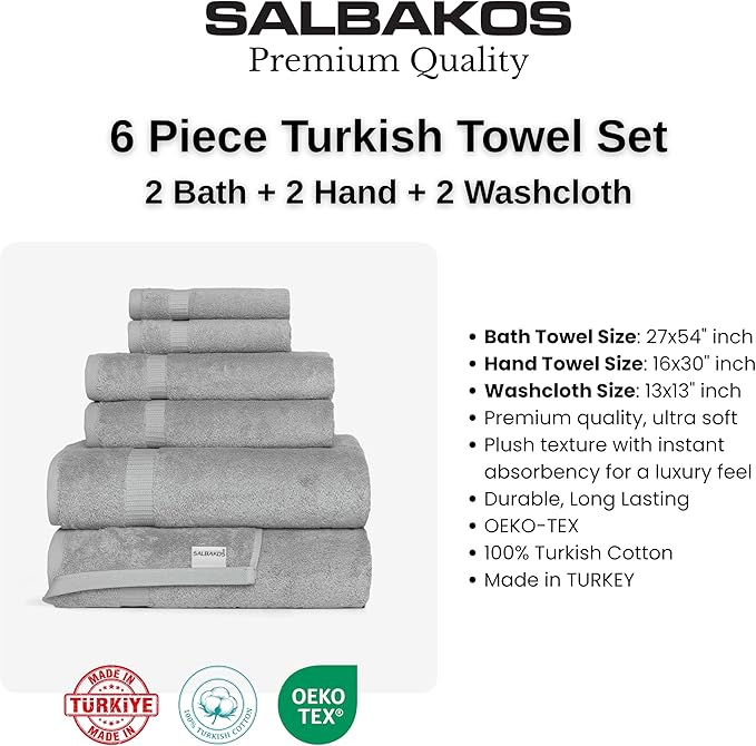 SALBAKOS 100% Turkish Cotton 6-Piece Towel Set | Premium Quality Hotel & Spa Collection | Soft, Super Absorbent 2 Washcloth, 2 Hand, 2 Bath Towel Sets | Made in Turkey (Silver, 6 Piece Towel Set)