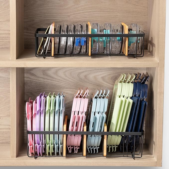 2-Pack Adjustable Lid Organizers - Large Kitchen Cabinet Organizer for Food Storage Container and Tumbler Cup Lids with 6 Bamboo Dividers - Organizers in Kitchen/Pantry/Laundry Room