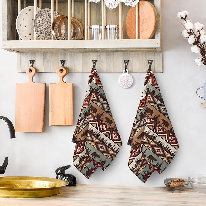 Vintage Rustic Dish Towels for Kitchen Drying Set of 2, Soft Absorbent Bear Mountain Kitchen Towels Brown Tea Towel, Country Cabin Decor Hand Towel for Farmhouse Home Decorations 16x24 Inch