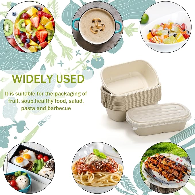 Yesland 70 Pack Compostable Take Out Food Containers with PP Lid, 23 Oz Bagasse to Go Containers Rectangular Disposable Paper Bowls, Biodegradable Meal Prep Food Container for Salad, Leftovers