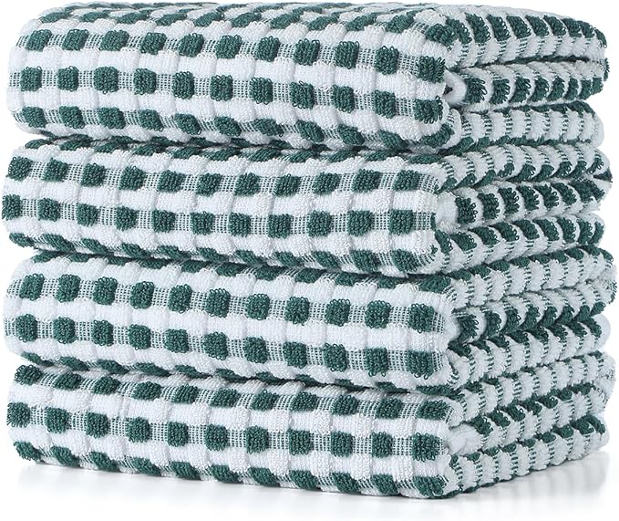 SALAS Cotton Dish Towels Cloths for Kitchen Drying Dishes, Lattice Terry Kitchen Towels, Highly Absorbent Kitchen Cloths with Hanging Loop, 16‘’ x 26‘’, 4 Packs, Green