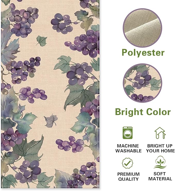 Watercolor Grapes Table Runner, Sweet Fruit Kitchen Dining Table Decoration, Spring Summer Burlap Indoor Outdoor Home Decor Party Supply 13 x 36 Inches