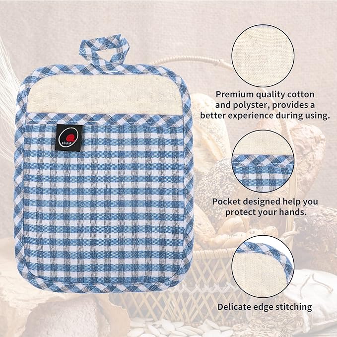 Oven Mitts and Potholders Gloves-Oven Mitts and Pot Holders (Blue Grid)