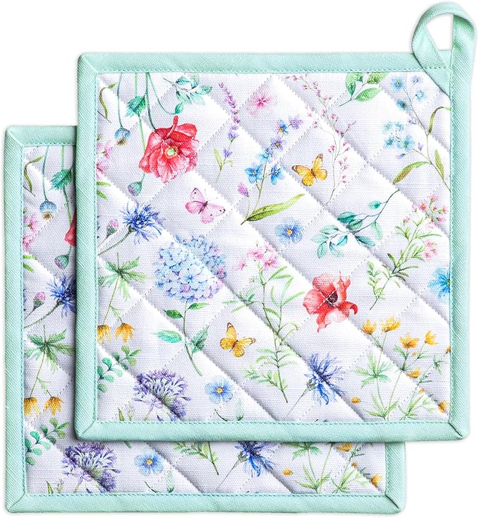 Maison d' Hermine Pot Holders 100% Cotton Heat Resistant Potholders 8" x 8" Hot Pads with Loop BBQ Cooking Baking Gifts for Mothers Day Handling Hot Pans Spring/Summer (Pack of 2, Just Floral)