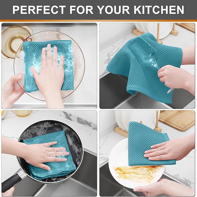 Kitinjoy 100% Cotton Kitchen Dish Cloths (12 X 12 Inches, Lake Blue), 6 Pack Waffle Weave Ultra Soft Absorbent Dish Towels for Drying Dishes Quick Drying Kitchen Towels Dish Rags