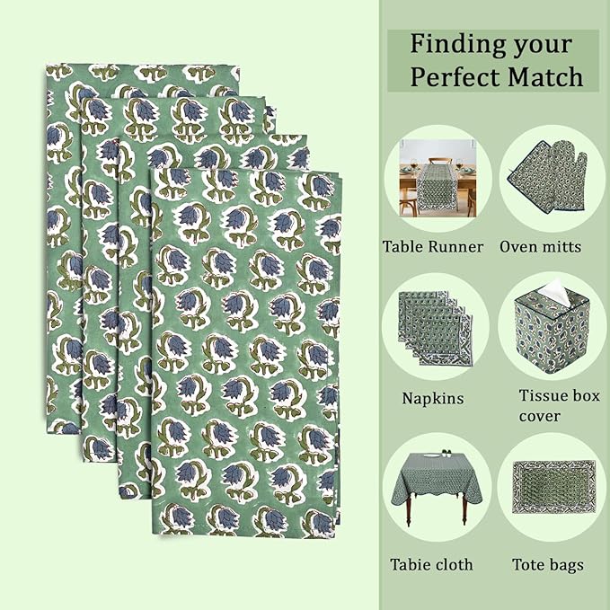 Ridhi Basil Green Hand Block Print 100% Cotton Napkins 18" x 18" (Set of 8) Reuseable Kitchen Napkins Cloth Decor Dinner Party Wedding Cocktail Gift for Spring, Easter, Valentine