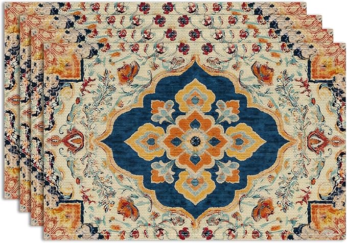 Vintage Boho Placemats Set of 4, Deep Navy Blue Warm Orange Flowers Bohemia Table Mats, Washable Heat Resistant Linen Fabric Place Mats for Kitchen Home Party Dining Decoration 12x18 Inch