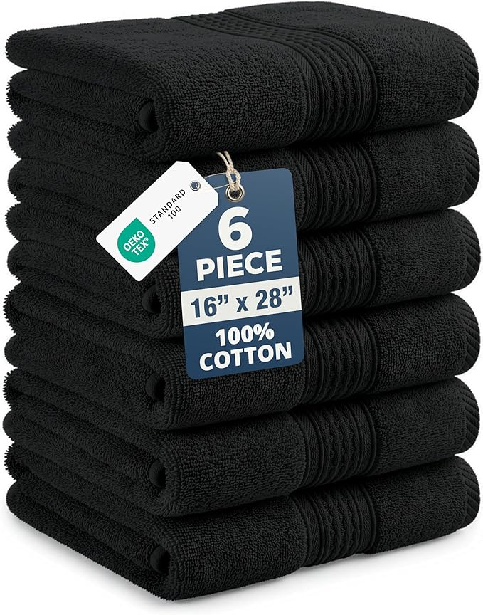 Black Hand Towels for Bathroom - 6 Pack (16"x28"), 100% Ringspun Cotton Hand & Face Towel - Soft, Prevent Fraying, Fade and Shrink Resistant - Daily Use Gym Towels for Men & Family Bathroom Hand Towel