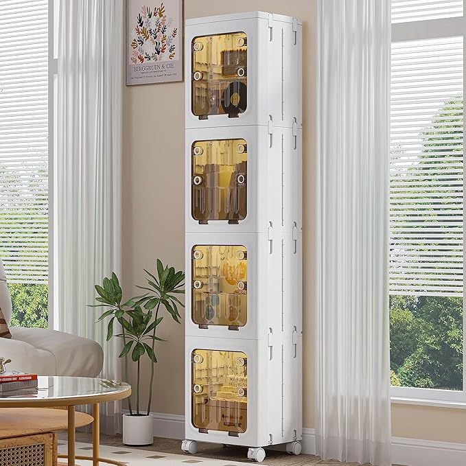 VECELO 188 QT Stackable Storage Bins with Lids, Tall Slim 4-Tier Organizer with Wheels, Lockable Clear Doors, Foldable Storage Cabinet for Kitchen, Bathroom, Laundry & Bedroom