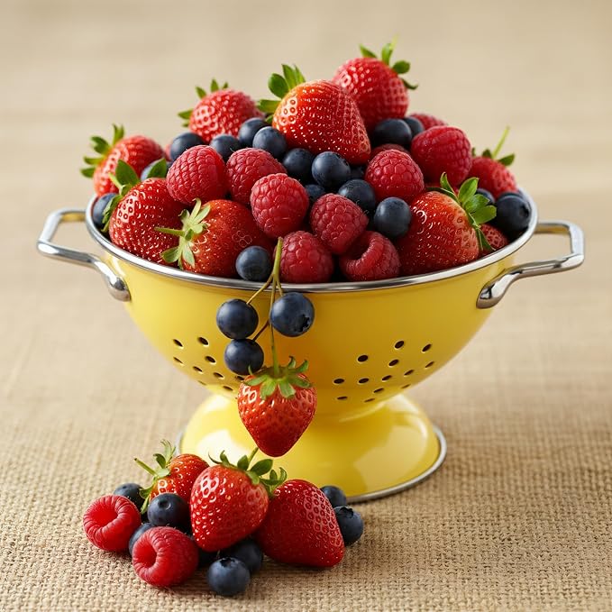 Reston Lloyd Calypso Basics Powder Coated Enameled Colander with Solid Base, Strainer Basket with Handles, for Pasta, Berries, Vegetables, Fruit, Lemon(1 qt, 32 oz)