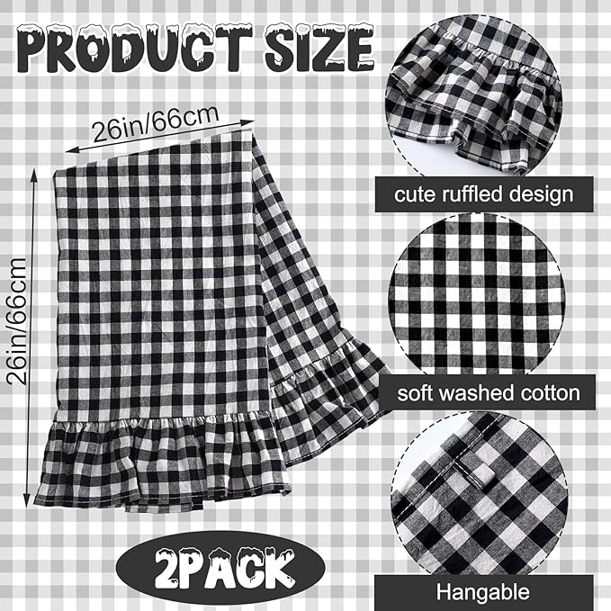 HunnmingRe Matte Black Kitchen Towels Set of 2, 100% Cotton Ruffled Gingham Dish Towels 18"x28" Absorbent Tea Cloths Classic Plaid Pattern for Farmhouse Charm, Drying Dishes, Entertaining Guests