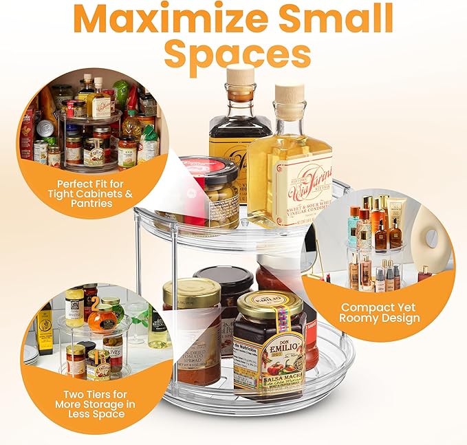 Clear Two Tier Lazy Susan Organizer - 2-Pack Rotating Spice Rack Turntable for Kitchen Cabinet, Countertop, Bathroom or Dining Table - Spinning Carousel Racks for Counter and Pantry Cabinet Storage