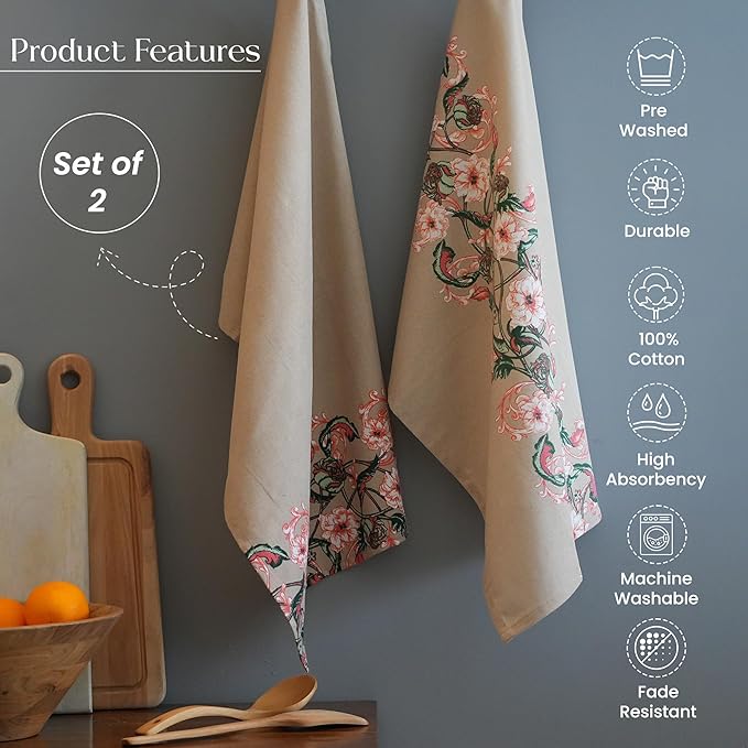The Fine Living Co. 100% Cotton Kitchen Towels Set of 2, 18 x 28 inches, Ornamental Printed Dish Towels, Kitchen Hand Towels, Boho Tea Towels- Multifunctional, Stylish, Absorbent, Soft