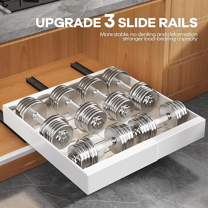 Seinloes 4Pack Expandable Pull Out Cabinet Organizer 21"Deep with Raising Pad for Framed Cabinets,Slide Out Drawers with 4pcs Divider Racks,Roll Out Shelves Adhesive,Adjustable Width 12.05"-20.4"White