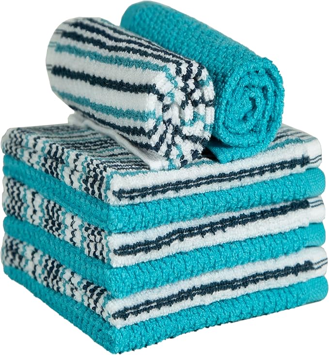 Bumble Premium Dish Cloths Towel 12"x12" | 100% Natural Ring Spun Cotton Tea Towel Set | 430 GSM | Highly Absorbent & Soft Dish Towels | 8 Pack - 4 Popcorn Striped & 4 Solid Kitchen Towels - Aqua