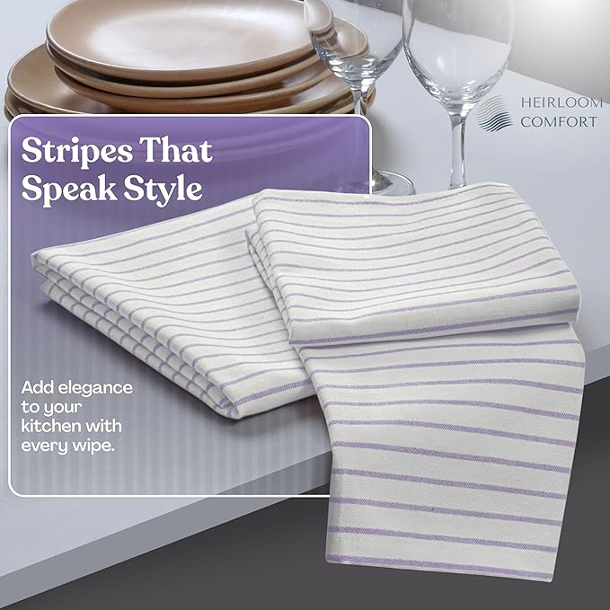 Lavender Stripe Kitchen Towels, 12 Pack, 100% Cotton, Super Absorbent and Quick Dry, Classic Striped Towel Set, Durable Dish Cloths for Kitchen Use, Cleaning & Drying Dishes
