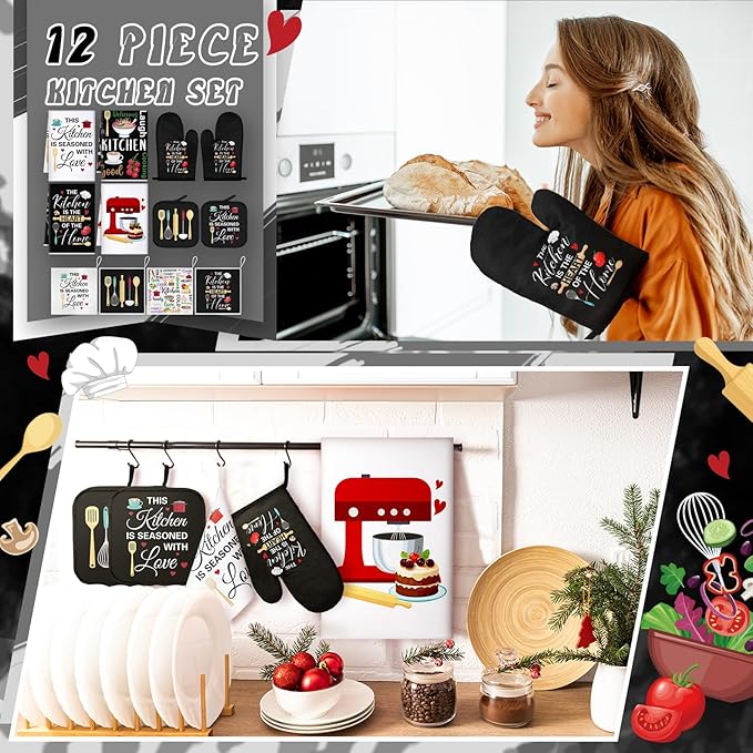 12 Pcs Farmhouse Kitchen Decoration Set 4 Funny Quote Black Kitchen Towels 4 Absorbent Dishcloths 2 Pot Holders 2 Oven Mitts Gloves for Home Decorations Mom Gifts