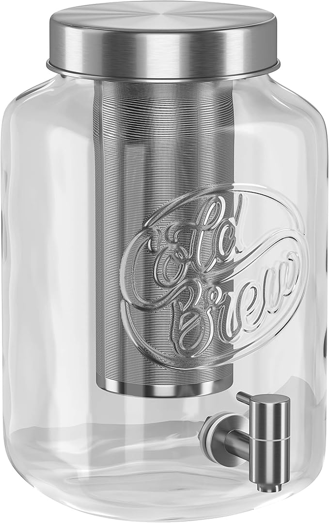 Kook 1 Gallon Mason Jar Drink Dispenser, Thick Glass Carafe, Stainless Steel Spigot and Mesh Filter, Premium Iced Coffee Maker, Cold Brew Pitcher & Tea Infuser