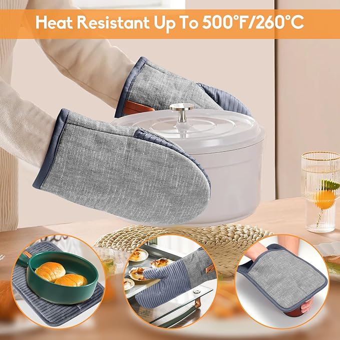 TIPTAP Kitchen Oven Mitts 4pcs Set- Non-Slip Cotton Oven Mitt & Pot Holders – Heat Resistant, Durable & Machine-Washable -One Long Mit, Two Mini Oven Mitts & One Pot Holder (Gray)