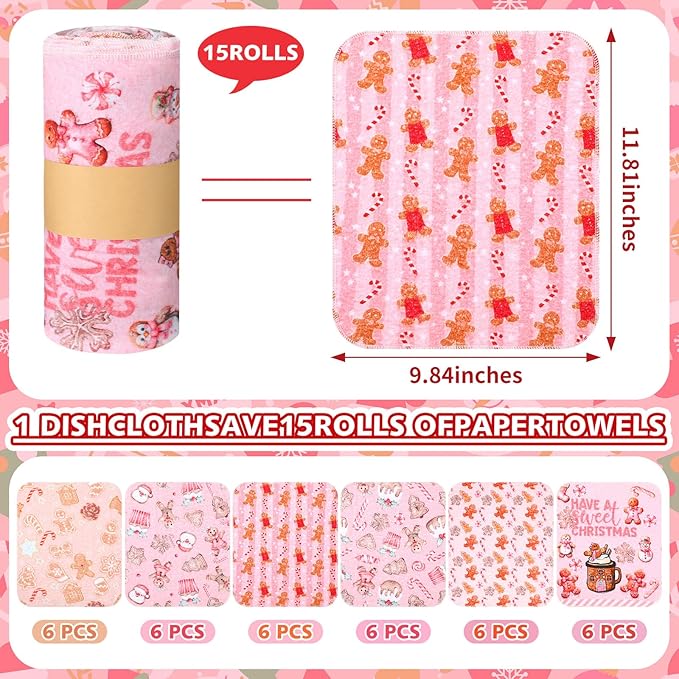 36 Pack Reusable Cleaning Cloths Washable Cotton Kitchen Dish Towels for Home Party Supplies Bulk, 9.84x11.81in (Pink Gingerbread)
