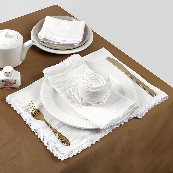 FINGERCRAFT Dinner Cloth Napkin Cotton Muslin Double Gauze 12 Pack with Classic Lace for Everyday Use, Wedding, Party, Christmas, Easter Napkins Cloth are Pre Shrunk and Good Absorbency White