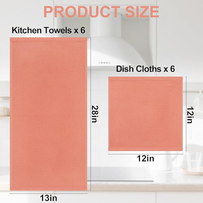Homaxy 100% Cotton Kitchen Towels and Dishcloths Set, 12 x 12 Inches and 13 x 28 Inches, Set of 12 Bulk Kitchen Towels Set, Ultra Soft Absorbent Dish Cloths for Washing Dishes, Coral