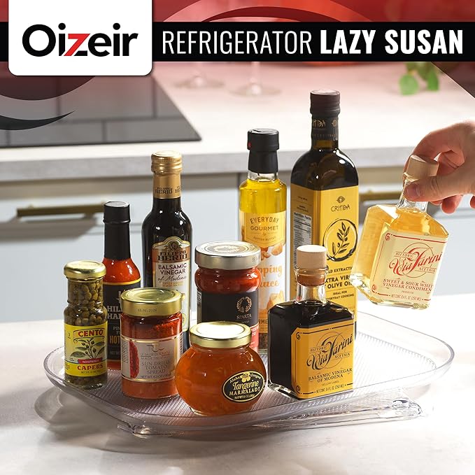 Oizeir Refrigerator Lazy Susan Turntable – Clear Rectangular Fridge Organizer with Suction Cups, 360° Rotating Tray for Side-by-Side Refrigerators, Cabinet & Pantry Organization