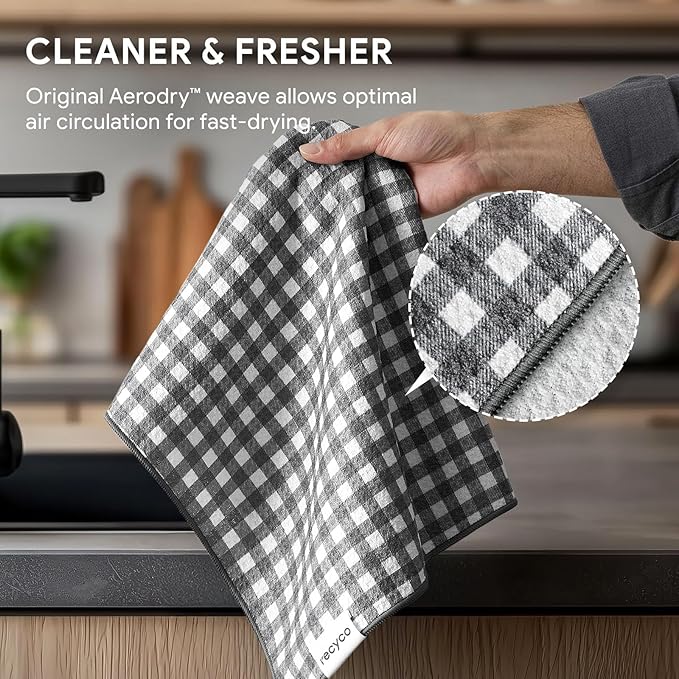 RECYCO Waffle Kitchen Towel Set of 2 - Quick Dry Microfiber Sustainable Dish Towels - Ultra Absorbent Reusable Cleaning Tea Towels - Lightweight Hand Towels,16”x 28”, Dove Gray Plaid