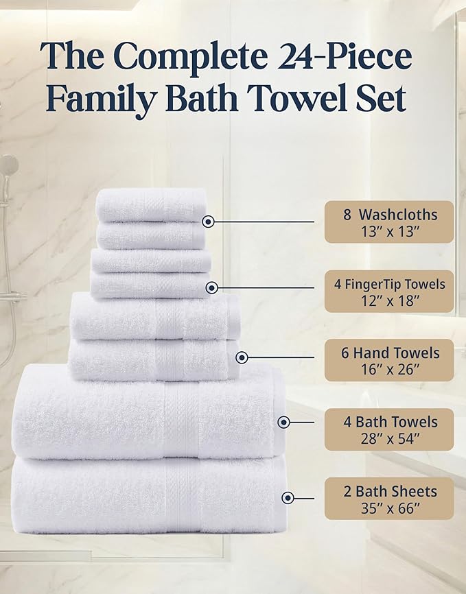 LANE LINEN 100% Cotton Bathroom Towel Set of 24 - Durable, Soft & Absorbent - 4 Bath, 4 Fingertip, 6 Hand, 8 Washcloths, 2 Bath Sheets, Hotel & Spa-Quality Design - White Towels