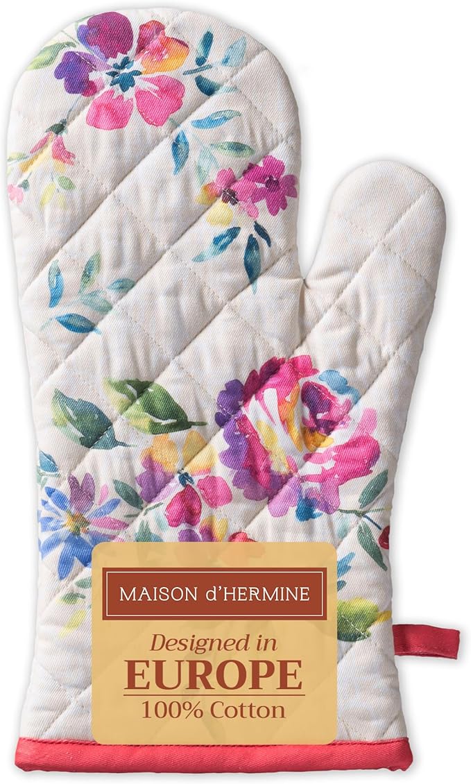 Maison d'Hermine Oven Gloves 100% Cotton Oven Mitt 7" x 13" with Loop Heat Resistant BBQ Cooking Gloves Baking Grilling Gifts for Mothers Day Spring/Summer (Pack of 1, Rose Garden)