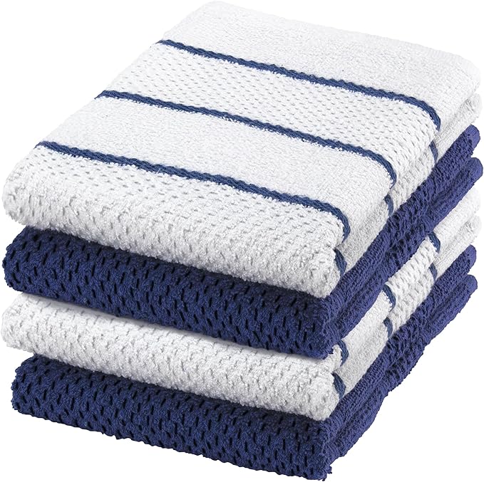 DecorRack 4 Pack Large Kitchen Towels, 16x19 inch Absorbent Dishcloths, 100% Cotton Terry Cleaning Cloth, Blue Set (Pack of 4)