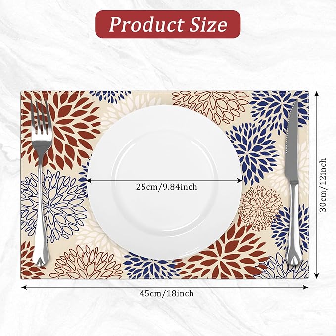 comfoyar Navy Blue Red Dahlia Placemats Set of 4, 12x18 Inch Non-Slip Linen Farmhouse Place Mats, Washable Absorbent Seasonal Table Mats for Kitchen Dining Party Table Decoration