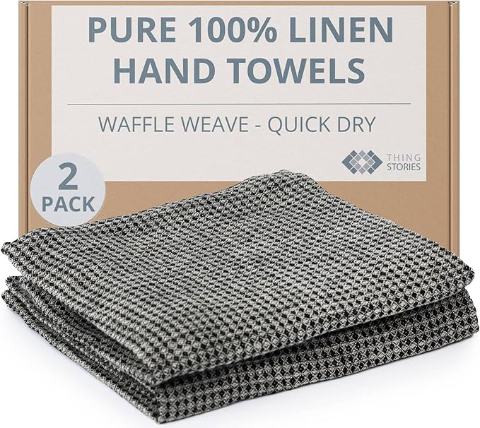 100% European Linen Hand Towels for Kitchen & Bath - Set of 2 - Waffle Weave, Highly Absorbent & Quick-Dry - 14 x 28 in - Stone Washed Flax