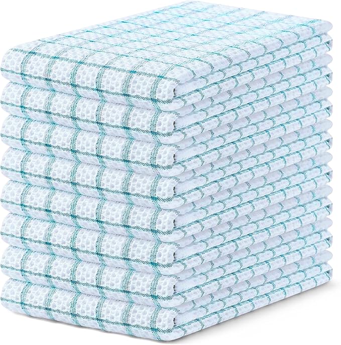 Homaxy 100% Cotton Kitchen Towels 8 Pack-15 X 25 Inches, Check Design Waffle Weave Hand Tea Towels, Super Soft and Absorbent Dish Towel for Drying Dishes, Teal