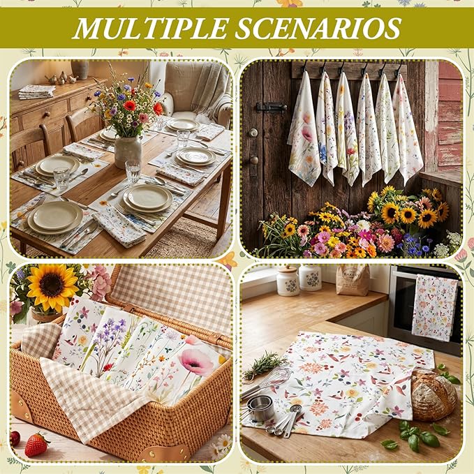 HunnmingRe Wildflower Floral Flour Sack Towels - Set of 6 Spring Flour Kitchen Towels Large 28 x 27 Inch Reusable Versatile Cotton Cloths Bathroom Decor Housewarming Gift, Vintage Flower (Fresh)