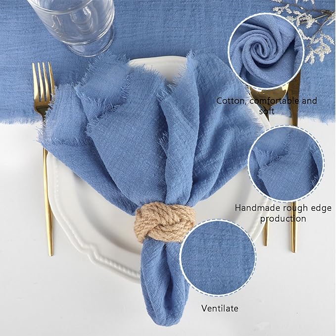 Cotton Blend Fringe Cloth Napkins - Crinkle Gauze Dinner Napkins, Reusable & Washable Table Napkins, 17" x 17" (43 x 43 cm), Multiple Colors, 12/24/48/100 Pack (48, Blue)