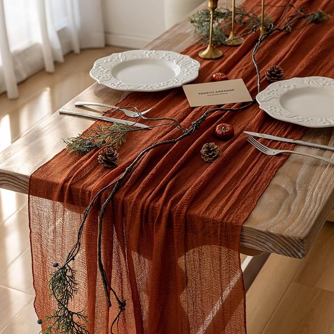 Keketoarrange 6pcs Fall Terracotta Table Runner Rust Gauze Rustic Cheesecloth 120 Inch 10 FT for Wedding Baby Shower Bridal Shower Birthday Engagement Garden Party Sheer Boho Thanksgiving Decorations