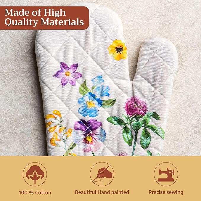 Maison d' Hermine Oven Mitts 100% Cotton Oven Mitt (7.5inch X13'') Easter Heat Resistant Oven Mitt BBQ Cooking Gloves with Loop for Baking, Grilling, Home, Handling Hot Pans, Giverny - Spring/Summer